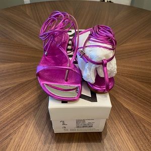 Schutz | Vikki Flat T-Strap Lace Up Sandal | Metallic Violet | Size 7.5